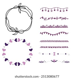 Decorative dividers. Heart, line, swirl, arrow elements for decoration. Calligraphic flourish ornaments. Vintage hand drawn border vector set for greeting and invitation cards, certificates