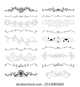 Decorative dividers. Heart, line, swirl, arrow elements for decoration. Calligraphic flourish ornaments. Vintage hand drawn border vector set for greeting and invitation cards, certificates