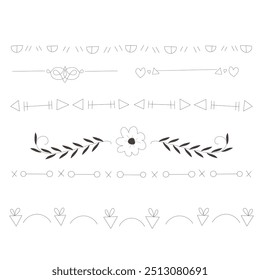 Decorative dividers. Heart, line, swirl, arrow elements for decoration. Calligraphic flourish ornaments. Vintage hand drawn border vector set for greeting and invitation cards, certificates