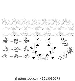 Decorative dividers. Heart, line, swirl, arrow elements for decoration. Calligraphic flourish ornaments. Vintage hand drawn border vector set for greeting and invitation cards, certificates