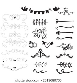 Decorative dividers. Heart, line, swirl, arrow elements for decoration. Calligraphic flourish ornaments. Vintage hand drawn border vector set for greeting and invitation cards, certificates
