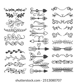 Decorative dividers. Heart, line, swirl, arrow elements for decoration. Calligraphic flourish ornaments. Vintage hand drawn border vector set for greeting and invitation cards, certificates