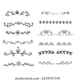 Decorative dividers. Heart, line, swirl, arrow elements for decoration. Calligraphic flourish ornaments. Vintage hand drawn border vector set for greeting and invitation cards, certificates