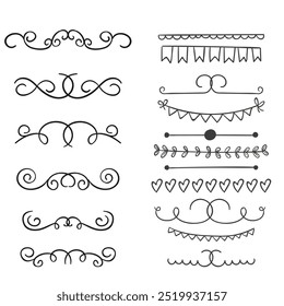 Decorative dividers. Heart, line, swirl, arrow elements for decoration. Calligraphic flourish ornaments. Vintage hand drawn border vector set for greeting and invitation cards, certificates