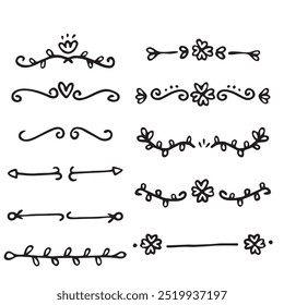 Decorative dividers. Heart, line, swirl, arrow elements for decoration. Calligraphic flourish ornaments. Vintage hand drawn border vector set for greeting and invitation cards, certificates