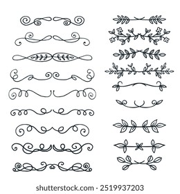 Decorative dividers. Heart, line, swirl, arrow elements for decoration. Calligraphic flourish ornaments. Vintage hand drawn border vector set for greeting and invitation cards, certificates