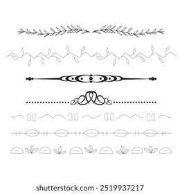Decorative dividers. Heart, line, swirl, arrow elements for decoration. Calligraphic flourish ornaments. Vintage hand drawn border vector set for greeting and invitation cards, certificates