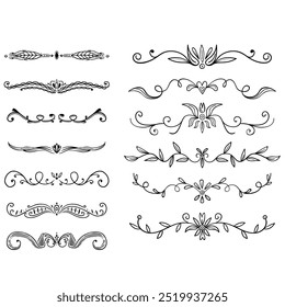 Decorative dividers. Heart, line, swirl, arrow elements for decoration. Calligraphic flourish ornaments. Vintage hand drawn border vector set for greeting and invitation cards, certificates