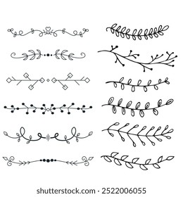 Decorative dividers. Heart, line, swirl, arrow elements for decoration. Calligraphic flourish ornaments. Vintage hand drawn border vector set for greeting and invitation cards, certificates