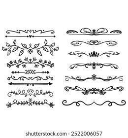 Decorative dividers. Heart, line, swirl, arrow elements for decoration. Calligraphic flourish ornaments. Vintage hand drawn border vector set for greeting and invitation cards, certificates