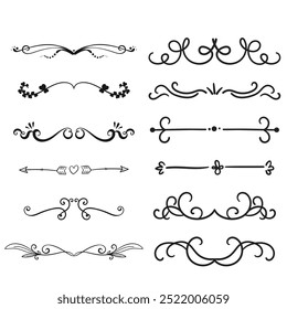 Decorative dividers. Heart, line, swirl, arrow elements for decoration. Calligraphic flourish ornaments. Vintage hand drawn border vector set for greeting and invitation cards, certificates