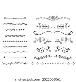 Decorative dividers. Heart, line, swirl, arrow elements for decoration. Calligraphic flourish ornaments. Vintage hand drawn border vector set for greeting and invitation cards, certificates