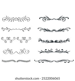 Decorative dividers. Heart, line, swirl, arrow elements for decoration. Calligraphic flourish ornaments. Vintage hand drawn border vector set for greeting and invitation cards, certificates