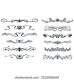 Decorative dividers. Heart, line, swirl, arrow elements for decoration. Calligraphic flourish ornaments. Vintage hand drawn border vector set for greeting and invitation cards, certificates