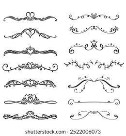 Decorative dividers. Heart, line, swirl, arrow elements for decoration. Calligraphic flourish ornaments. Vintage hand drawn border vector set for greeting and invitation cards, certificates