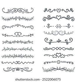 Decorative dividers. Heart, line, swirl, arrow elements for decoration. Calligraphic flourish ornaments. Vintage hand drawn border vector set for greeting and invitation cards, certificates