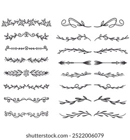 Decorative dividers. Heart, line, swirl, arrow elements for decoration. Calligraphic flourish ornaments. Vintage hand drawn border vector set for greeting and invitation cards, certificates