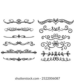 Decorative dividers. Heart, line, swirl, arrow elements for decoration. Calligraphic flourish ornaments. Vintage hand drawn border vector set for greeting and invitation cards, certificates