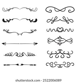 Decorative dividers. Heart, line, swirl, arrow elements for decoration. Calligraphic flourish ornaments. Vintage hand drawn border vector set for greeting and invitation cards, certificates