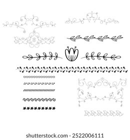 Decorative dividers. Heart, line, swirl, arrow elements for decoration. Calligraphic flourish ornaments. Vintage hand drawn border vector set for greeting and invitation cards, certificates