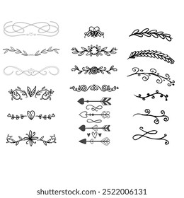 Decorative dividers. Heart, line, swirl, arrow elements for decoration. Calligraphic flourish ornaments. Vintage hand drawn border vector set for greeting and invitation cards, certificates