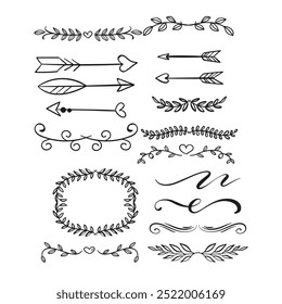 Decorative dividers. Heart, line, swirl, arrow elements for decoration. Calligraphic flourish ornaments. Vintage hand drawn border vector set for greeting and invitation cards, certificates