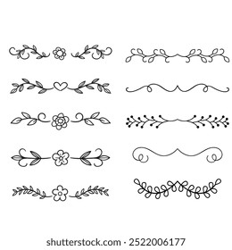 Divisores decorativos. Coração, linha, redemoinho, elementos de seta para decoração. Os ornamentos florescem caligráficos. Vintage desenhado à mão vetor de borda definido para cartões de saudação e convite, certificados