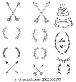 Decorative dividers. Heart, line, swirl, arrow elements for decoration. Calligraphic flourish ornaments. Vintage hand drawn border vector set for greeting and invitation cards, certificates