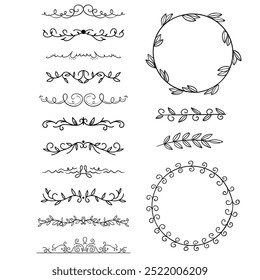 Decorative dividers. Heart, line, swirl, arrow elements for decoration. Calligraphic flourish ornaments. Vintage hand drawn border vector set for greeting and invitation cards, certificates