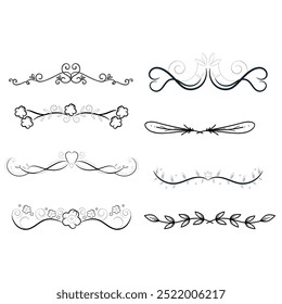 Decorative dividers. Heart, line, swirl, arrow elements for decoration. Calligraphic flourish ornaments. Vintage hand drawn border vector set for greeting and invitation cards, certificates