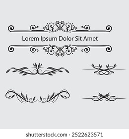 Decorative dividers. Heart, line, swirl, arrow elements for decoration. Calligraphic flourish ornaments. Vintage hand drawn border vector set for greeting and invitation cards, certificates
