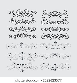 Decorative dividers. Heart, line, swirl, arrow elements for decoration. Calligraphic flourish ornaments. Vintage hand drawn border vector set for greeting and invitation cards, certificates