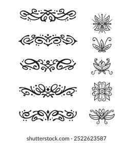 Decorative dividers. Heart, line, swirl, arrow elements for decoration. Calligraphic flourish ornaments. Vintage hand drawn border vector set for greeting and invitation cards, certificates