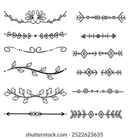 Divisores decorativos. Coração, linha, redemoinho, elementos de seta para decoração. Os ornamentos florescem caligráficos. Vintage desenhado à mão vetor de borda definido para cartões de saudação e convite, certificados