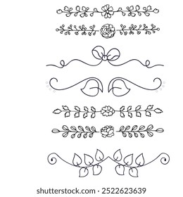 Divisores decorativos. Coração, linha, redemoinho, elementos de seta para decoração. Os ornamentos florescem caligráficos. Vintage desenhado à mão vetor de borda definido para cartões de saudação e convite, certificados