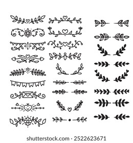 Divisores decorativos. Coração, linha, redemoinho, elementos de seta para decoração. Os ornamentos florescem caligráficos. Vintage desenhado à mão vetor de borda definido para cartões de saudação e convite, certificados