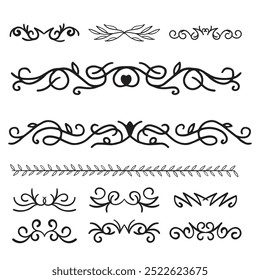 Decorative dividers. Heart, line, swirl, arrow elements for decoration. Calligraphic flourish ornaments. Vintage hand drawn border vector set for greeting and invitation cards, certificates