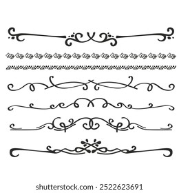 Decorative dividers. Heart, line, swirl, arrow elements for decoration. Calligraphic flourish ornaments. Vintage hand drawn border vector set for greeting and invitation cards, certificates
