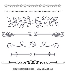 Decorative dividers. Heart, line, swirl, arrow elements for decoration. Calligraphic flourish ornaments. Vintage hand drawn border vector set for greeting and invitation cards, certificates
