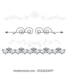 Decorative dividers. Heart, line, swirl, arrow elements for decoration. Calligraphic flourish ornaments. Vintage hand drawn border vector set for greeting and invitation cards, certificates