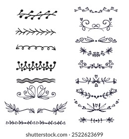 Decorative dividers. Heart, line, swirl, arrow elements for decoration. Calligraphic flourish ornaments. Vintage hand drawn border vector set for greeting and invitation cards, certificates