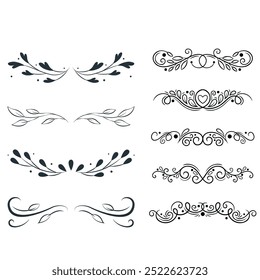 Decorative dividers. Heart, line, swirl, arrow elements for decoration. Calligraphic flourish ornaments. Vintage hand drawn border vector set for greeting and invitation cards, certificates