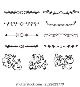 Decorative dividers. Heart, line, swirl, arrow elements for decoration. Calligraphic flourish ornaments. Vintage hand drawn border vector set for greeting and invitation cards, certificates