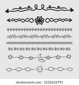 Decorative dividers. Heart, line, swirl, arrow elements for decoration. Calligraphic flourish ornaments. Vintage hand drawn border vector set for greeting and invitation cards, certificates