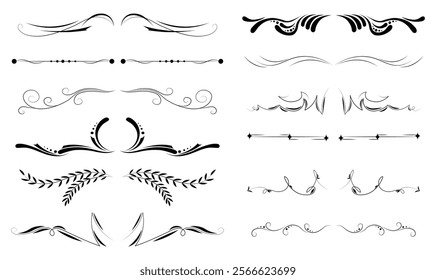 Decorative dividers set. Patterns and ornaments for book page decorations. Pack of calligraphic vignettes in old style. Linear vector collection isolated on white background