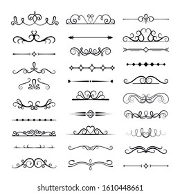 Decorative dividers, vintage traceries vector illustrations set. Curles and lines compositions, monochrome calligraphic shapes pack. Elegant borders collection isolated on white background