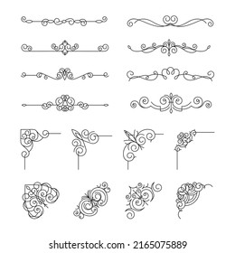 Decorative dividers, vintage traceries vector illustrations set. Curles and lines compositions, monochrome calligraphic shapes pack. Elegant borders collection isolated on white background