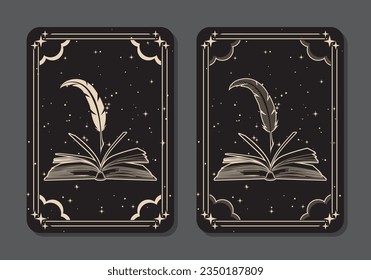 Colección decorativa de tarjetas de adivinación - libro y quill.
Tarjeta mágica oculta para el concepto de tarot.