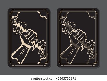 Decorative divination cards series - holding a lightning bolt.
Occult magic card for tarot concept.