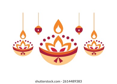 Decorative Diwali Oil Lamps and Hanging Festive Diya vector Design